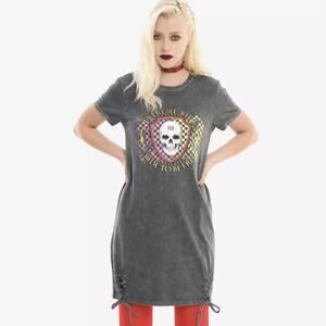 Hot Topic T Shirt Dress Medium Gray Cotton Lace Up Hem Biker Rocker Skull